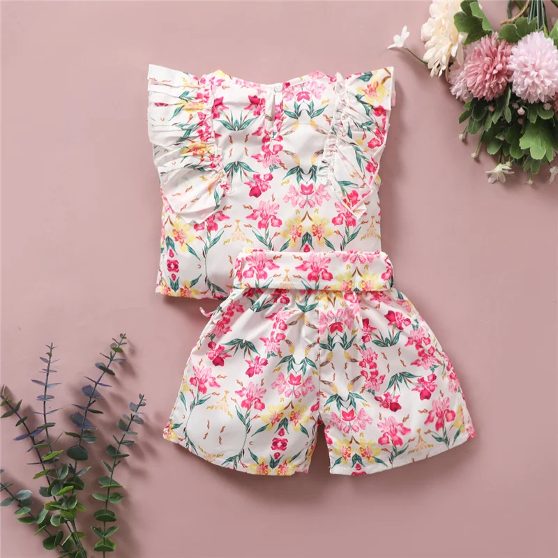 

2-piece Summer Flower Pattern Outfit Set Kids Baby Girls Clothing Sleeveless Fly Sleeve Tops+Shorts Set for Children Girls
