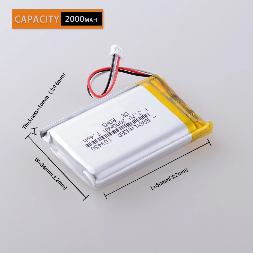 3 7 V 2000mAh 103450 литий полимерная LiPo аккумуляторная батарея с JST 1 25 мм 3pin для Mp3 DVD PAD