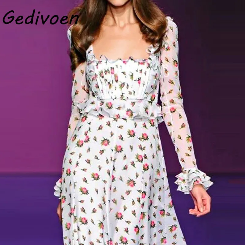 Gedivoen Casual White Women Dress Square Collar Long Sleeve Printing Thin Floor-Length Dresses Female Fashion New