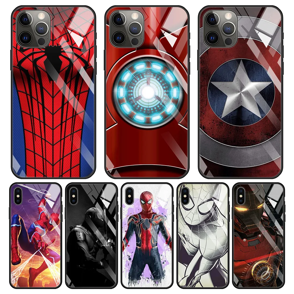 Tempered Glass Case For iPhone 14 12 11 Pro Max 13 12 Mini X XR XS Max 8 7 6s Plus Phone Shell Marvel Spider Iron man
