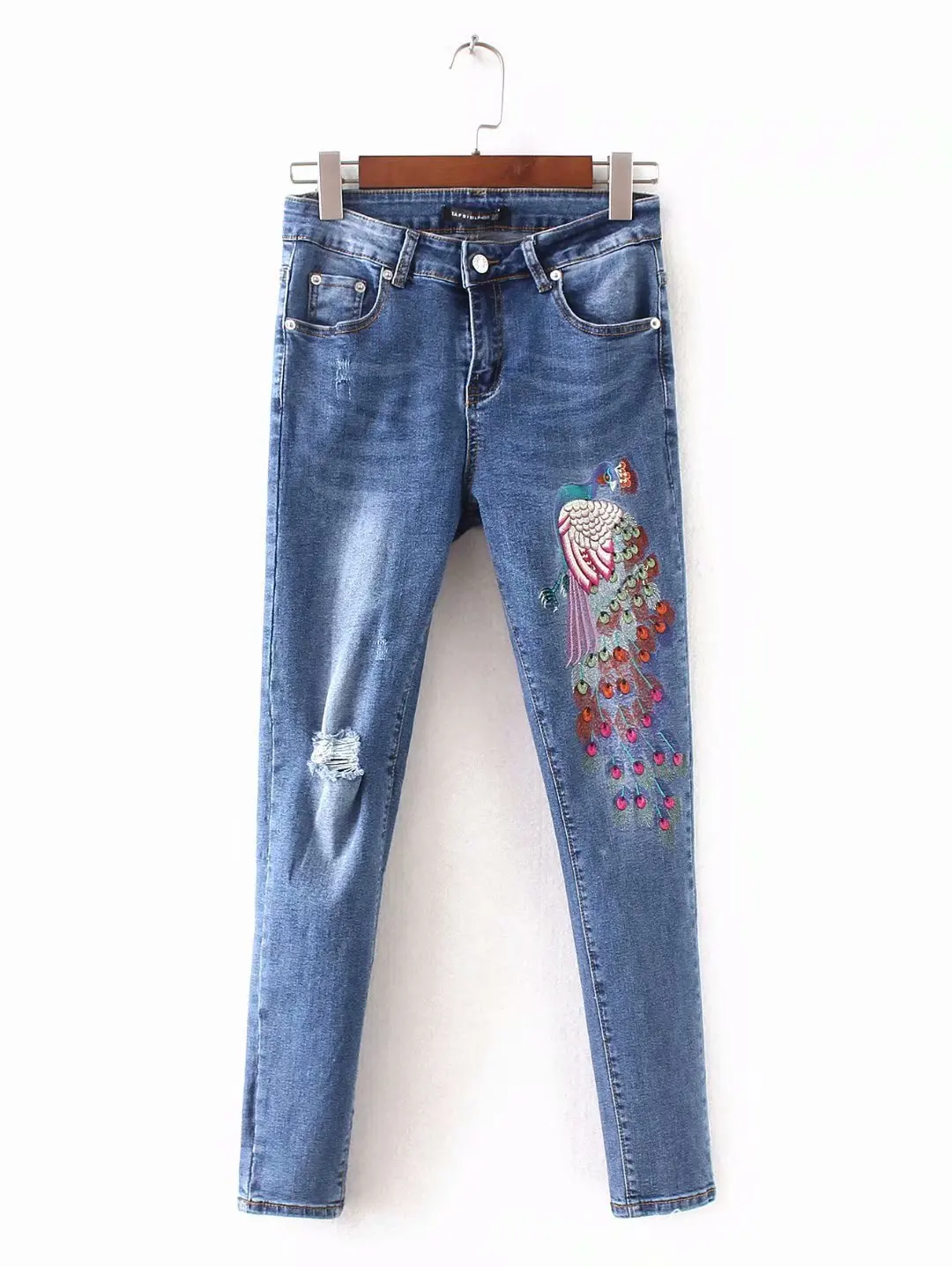 

Peacock Embroidery Women Pants Casual High Waist Jeans Femme Blue Denim Skinny Ripped Jenas Pencil Trousers C6926