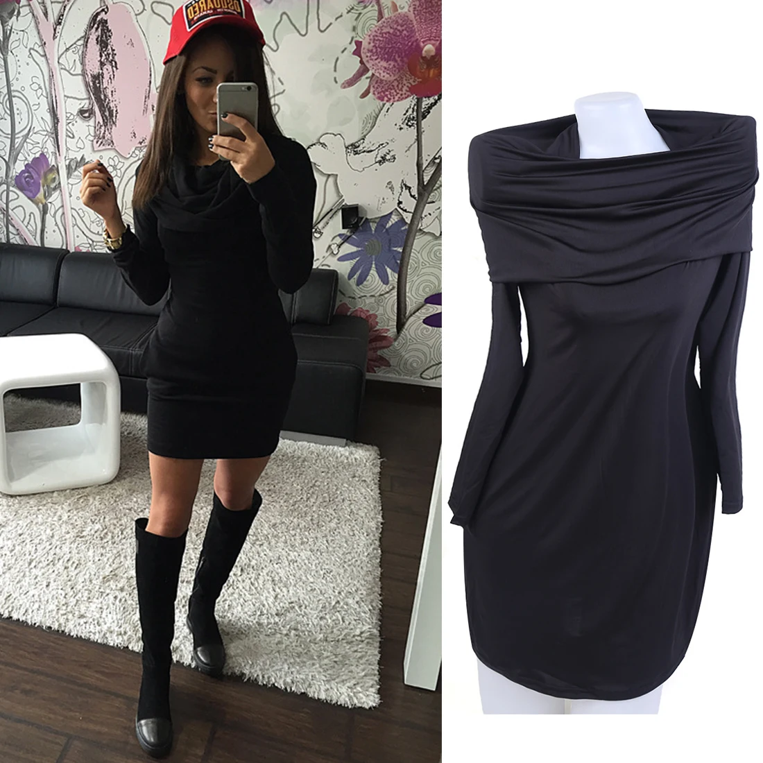 

Autumn Winter Sweater Dress Women Sexy Long Sleeve Vestidos Hoodie Dress Solid Color Pocket Keep Warm Ladies Casual Dress