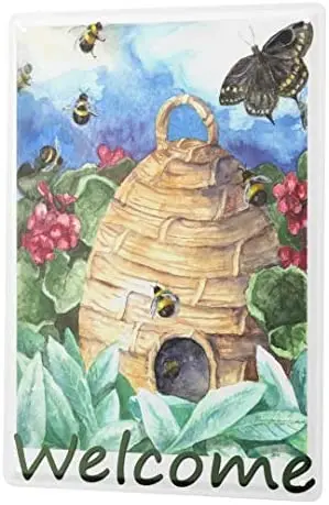 

Tin Sign Decor Plaques Nursery Decoration Beehive Flowers Butterfly Welcome Metal Plate 8X12
