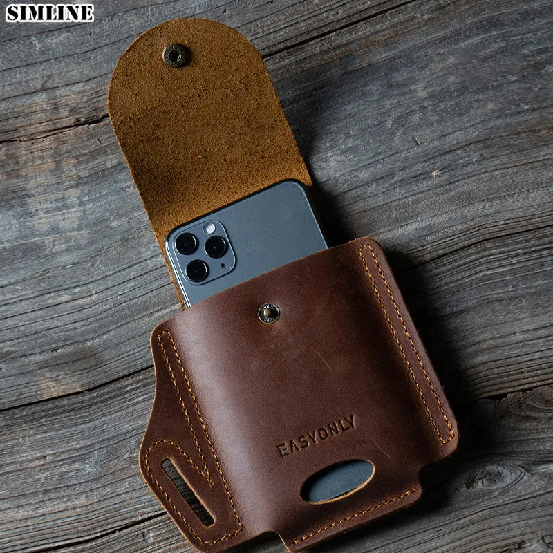 100% Genuine Leather Waist Belt Cellphone Bag For Men Male Vintage Travel Sport Portable Mobile Phone Cover Case Holder Holster