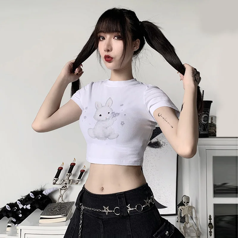 

European and American Summer 2021 New Cute Bunny Printed Navel Fashion Street Slim T-shirt Graphic Tee Harajuku Women Clothes