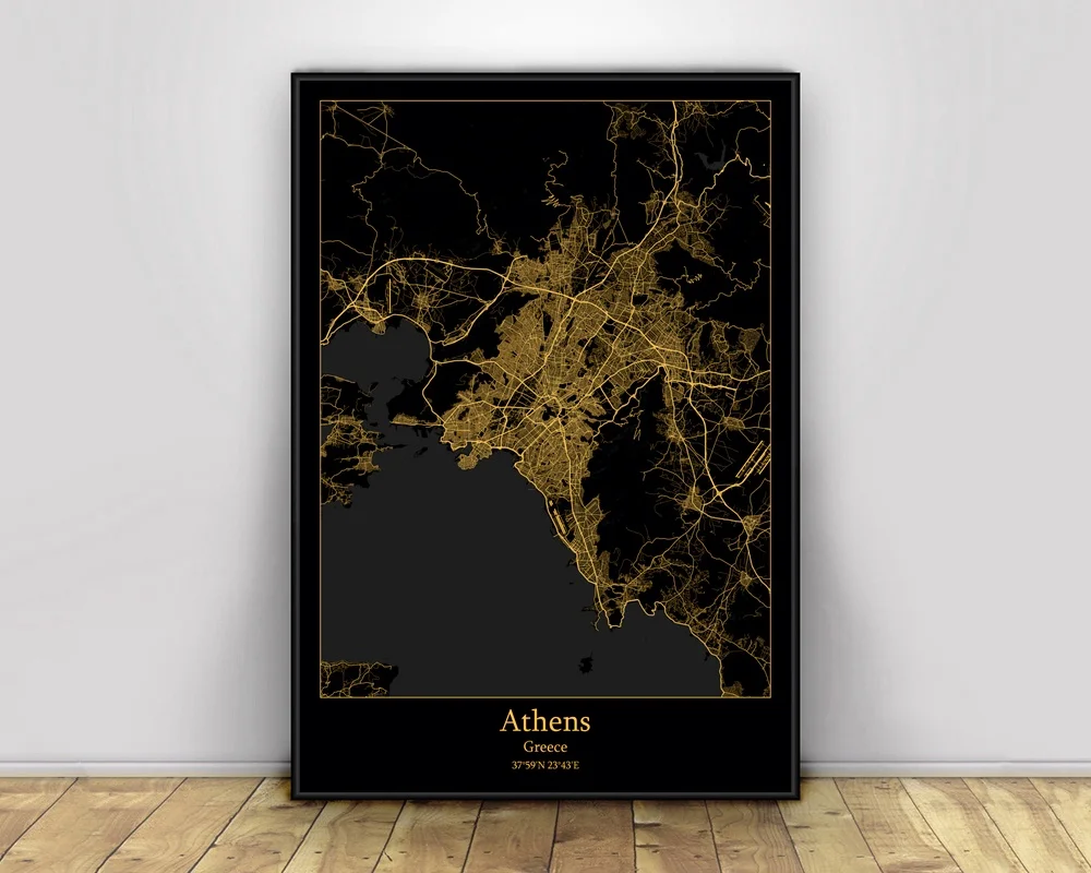 Афины Греция черный и золотой город светильник кие карты обычные карта городов