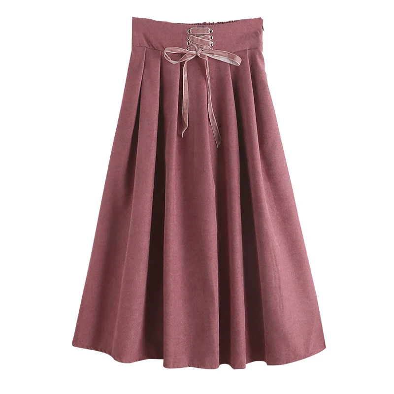 

A-Line High Waist Pleated Skirt Pink Pleated Satin Skirt Women's Fashion Slim Waist Casual Lace Up Skirts Free Shipping
