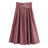 a line high waist pleated skirt pink pleated satin skirt womens fashion slim waist casual lace up skirts free shipping