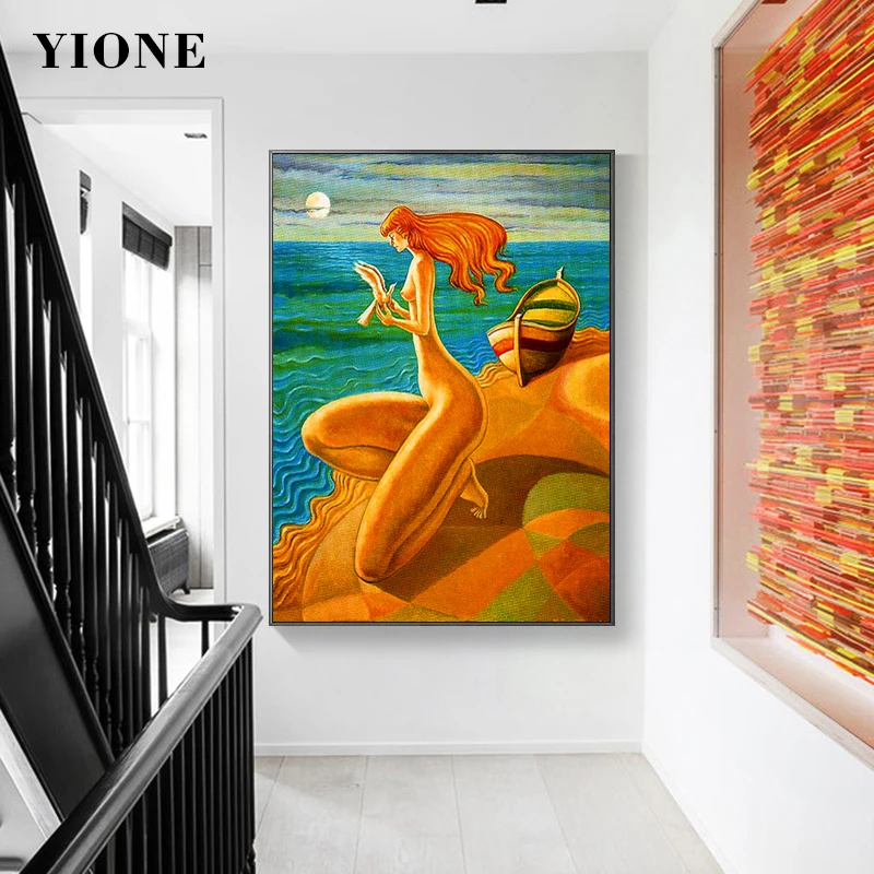 Sunset Beach Woman with Pigeon Oil Painting Custom Orange Blue Abstract Sea Sailboat Wall Art Poster Canvas Print Picture Decor | Дом и сад