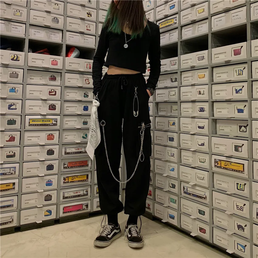 

black Capris Chain elastic waist style korean Women's clothing harajuku ulzzang ins loose letter movement casual hip hop pants