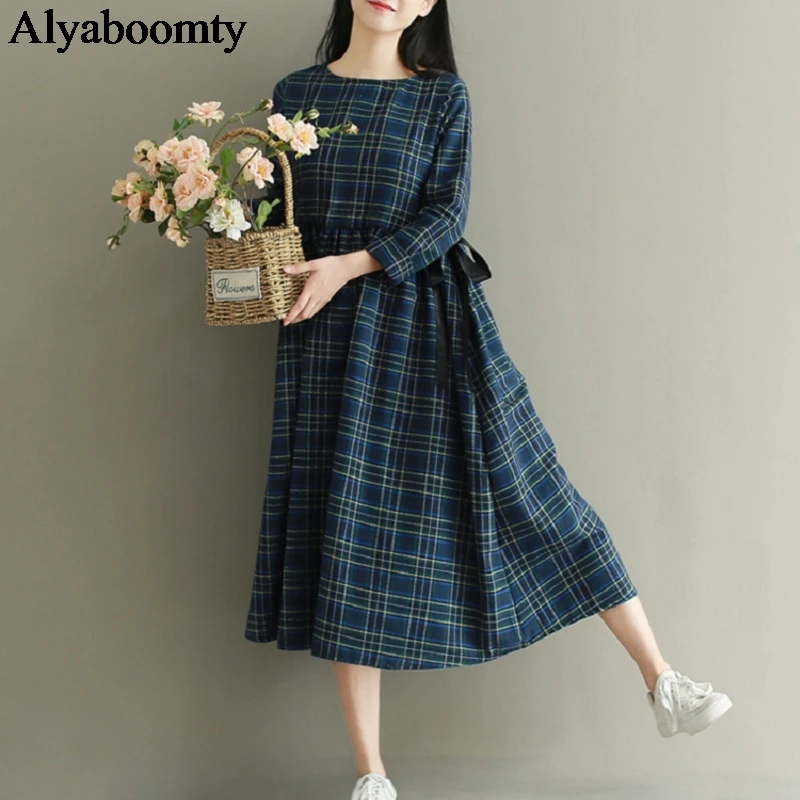 Женское миди платье весна осень свободное винтажное в клетку повседневное