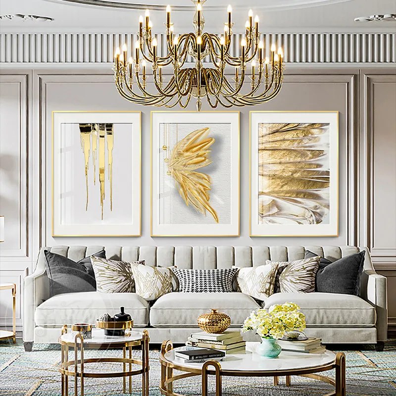 Абстрактная живопись золотые перья в блоке из золотой фольги плакат современное