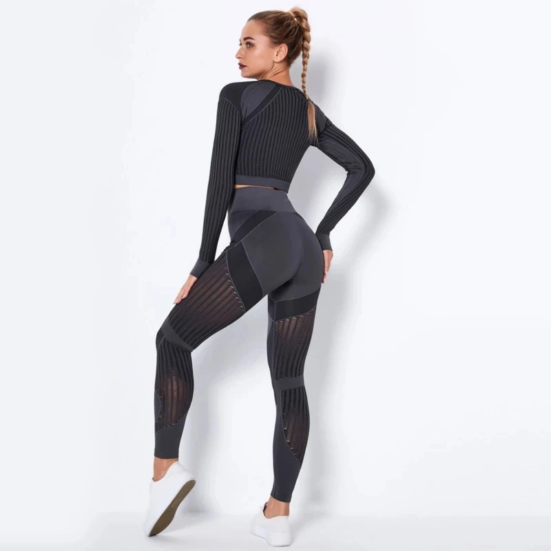 

Seamless Women Knitted Long sleeves Shirts Pants Yoga Suit Hollow Fitness Gym Sport Workout Running Training Gymwear