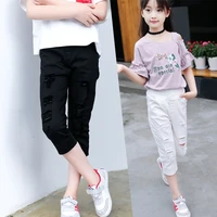 girls cropped pants 2021 new summer cotton childrens hole thin casual sports pants child shorts wide leg trousers