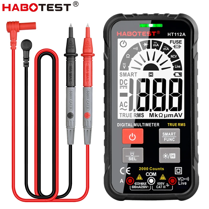 

Digital Smart Multimeter True RMS Auto Range NCV Voltmeter AC DC Ammeter Ohm Diode Battery Tester Multimetro 2000 Counts HT112A