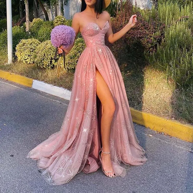 

Sparkly Princess Strapless Tulle Dress Sexy Shiny Gown Sequin Slit Pink Party Prom Dress Long Birthday Dresses Evening Gown