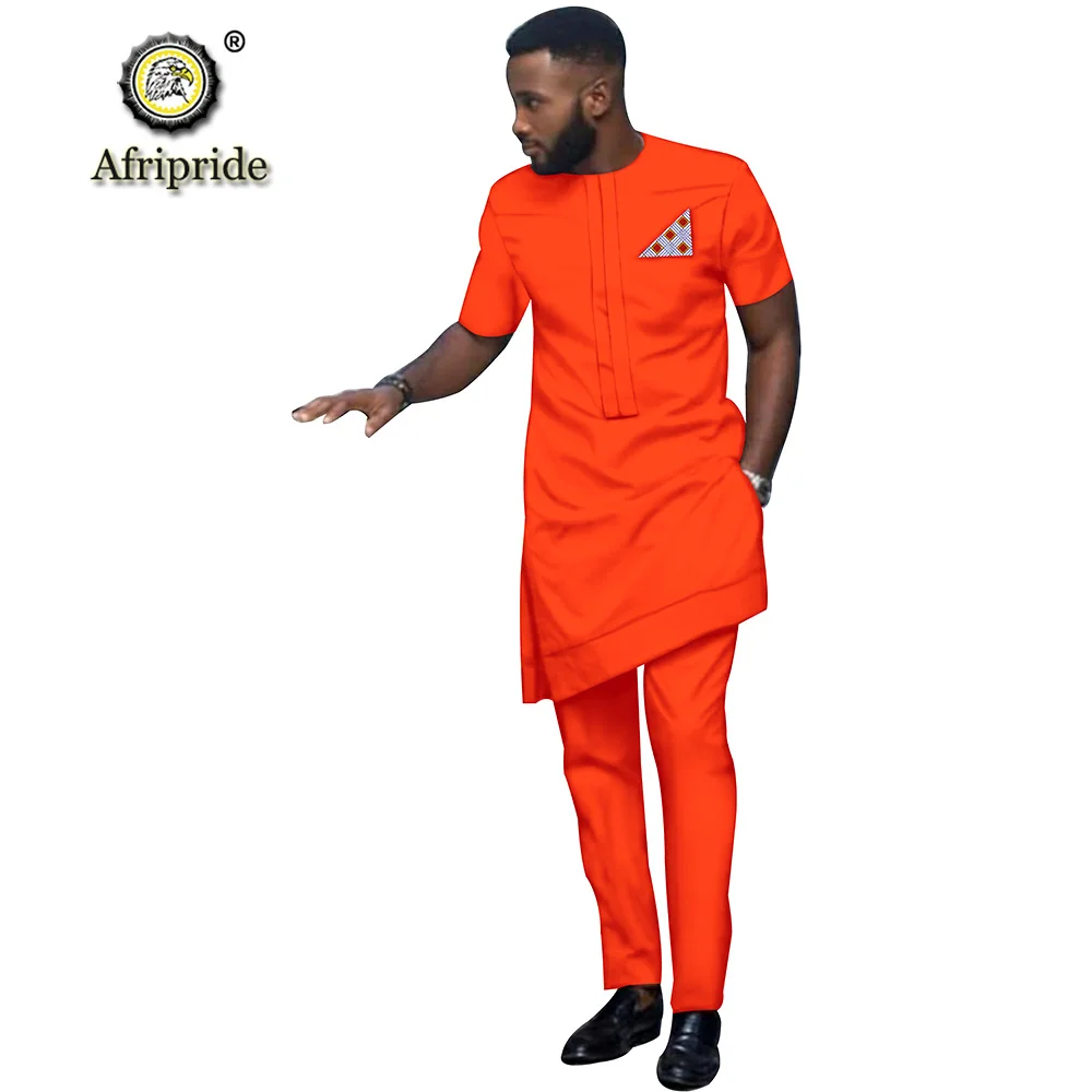 2019 African Men Clothing Tribal Outfit Printed Long Shirt Pant 2 Piece Set Dashiki Short Sleeve Tracksuit AFRIPRIDE S1916016