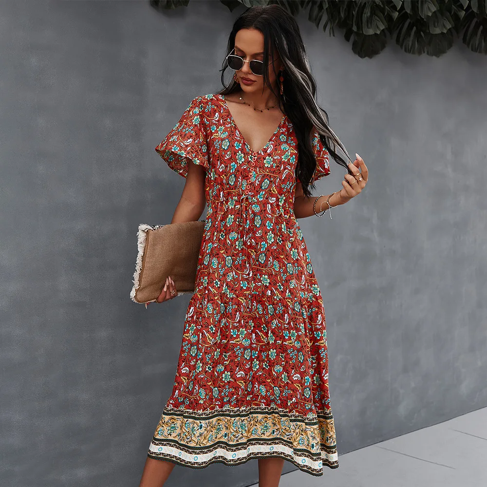

2021 Print Bohemian Midi Dress V-neck Short Sleeve Woman Summer Dress Fashion Holiday Splicing Lace-up Casual Women Dress