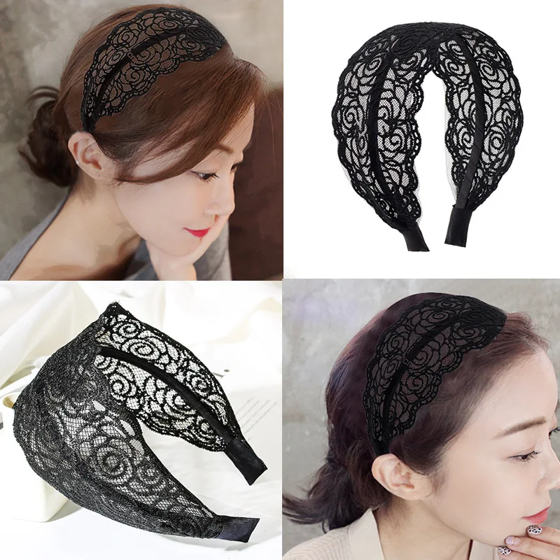 

Korean Fashion Retro New Rose Women's Lace Lace Headband Wide Hollow Hand-knitted Headband Hair Accessories Wholesale