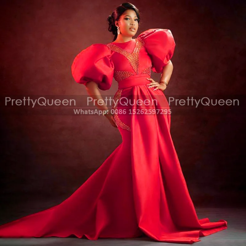 

Luxury Beads Short Puff Sleeves Prom Dresses Mermaid Sheer See Through Long Red Carpet Aso Ebi Women Celebrity Dress Party