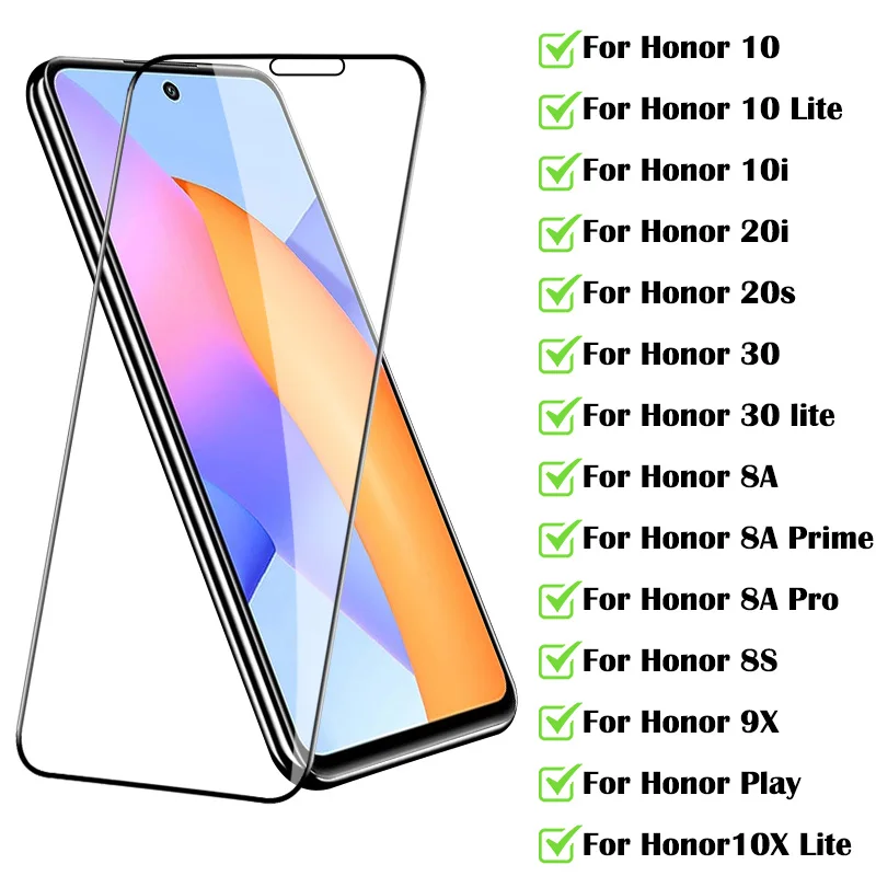 

9D Full Protective Glass For Honor 10X 10 Lite Tempered Glass Honor 10 10i 20i 20s 30 8A Prime Pro Lite 8S 9X Screen Protector