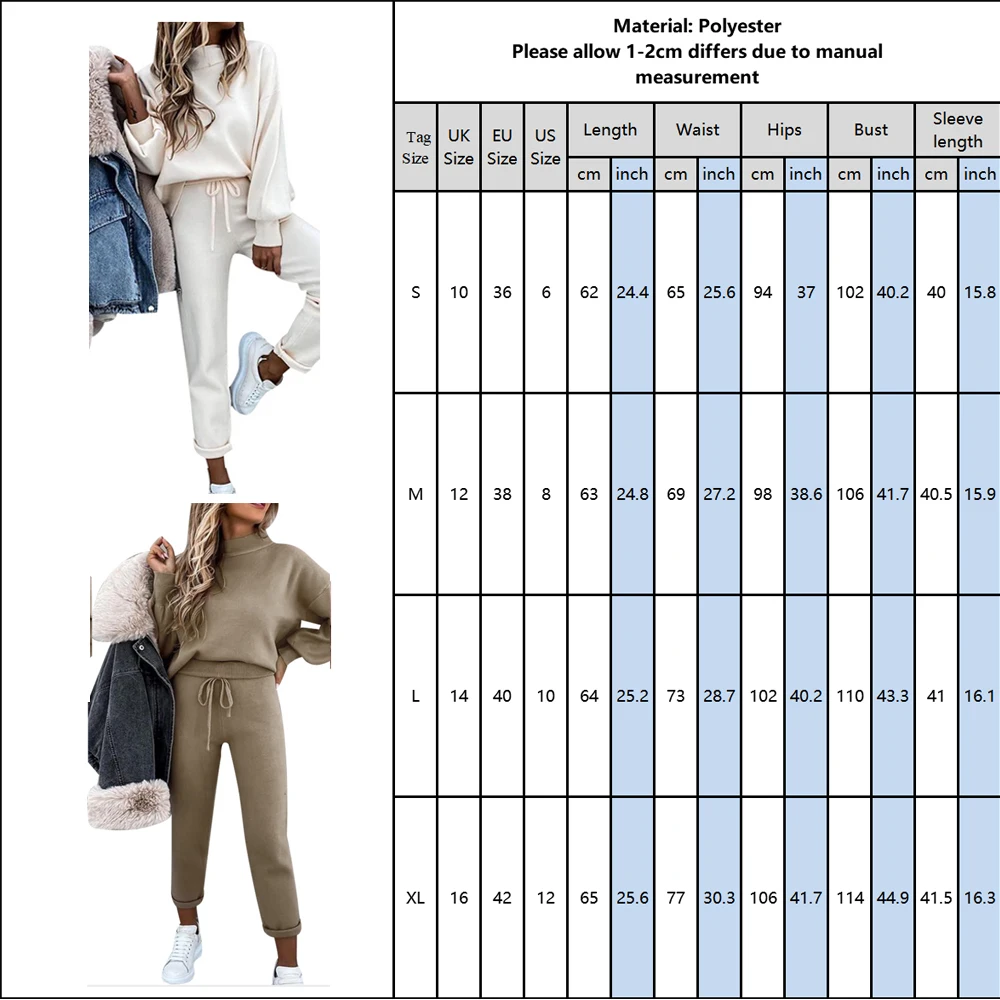 

White Women Clothes Two Piece Set Autumn Winter Fashion Turtleneck Warm Sweatshirt and Lace-up Pants Set Tracksuit New D30