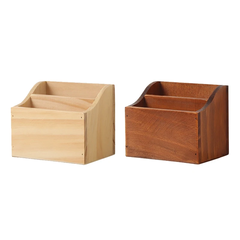 

Desktop Organizer Retro Wooden Storage Box Remote Control Phone Pen Holder 2 Grid Jewelry Container