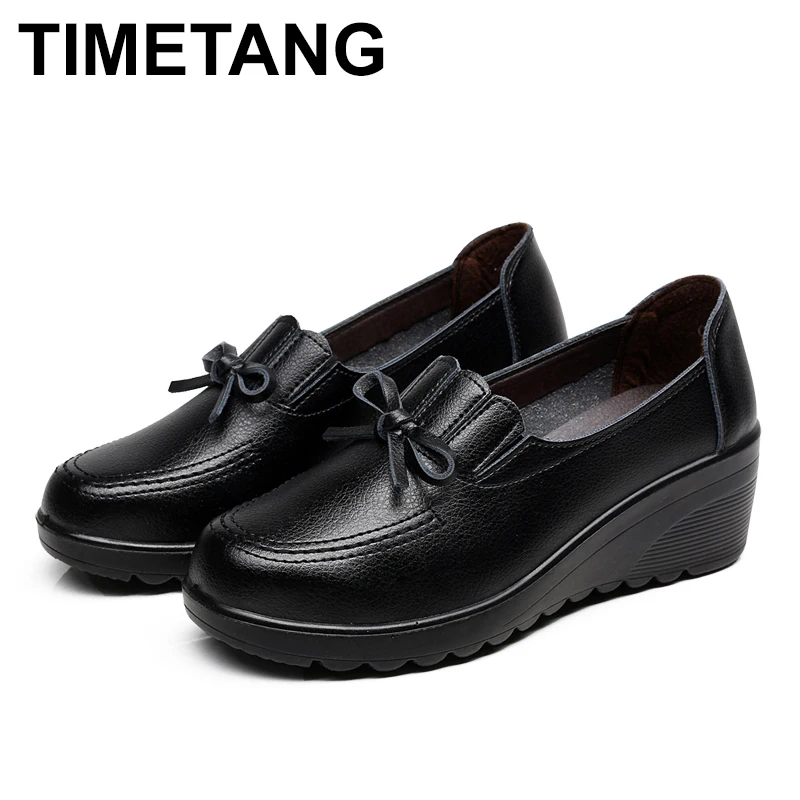 

TIMETANG Autumn new fashion lace-up women high heels shoes woman wedge leather single casual shoes comfortable women pumps 35-41