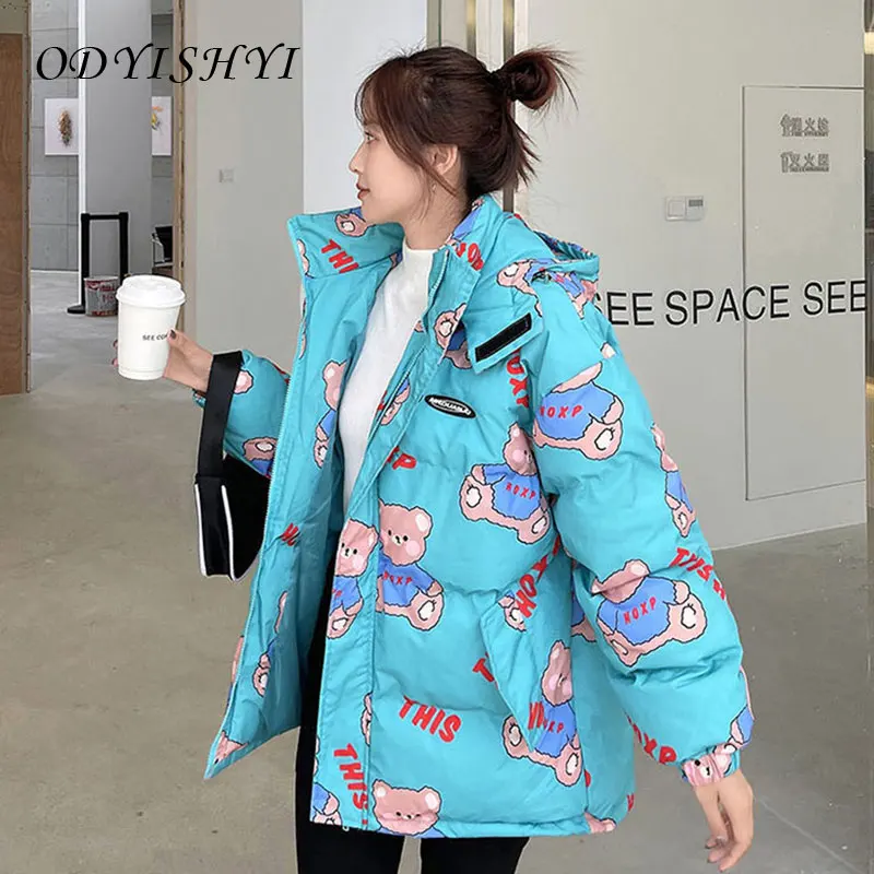 

2021 New Womens Winter Jacket Short Print Cartoon Bear Cotton Coat Thick Hooded Parkas Loose Warm Ladies Outerwear Student DH255