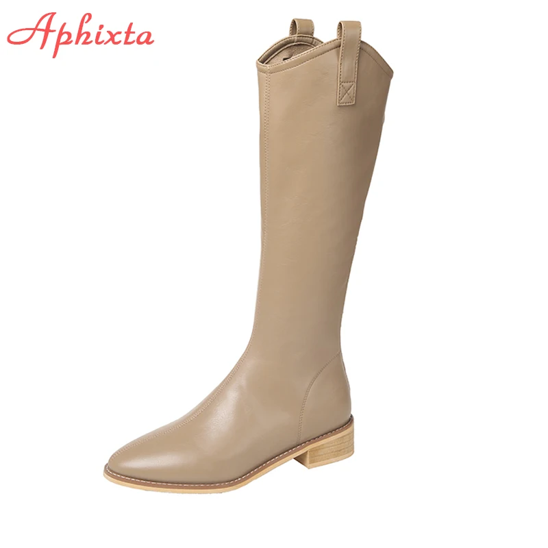 

Aphixta 2021 Winter Women's Long Boots Pointed Toe Shoes Zipper Wood Square Heel High Boots Female Plus Big Size 42 43 Shoes