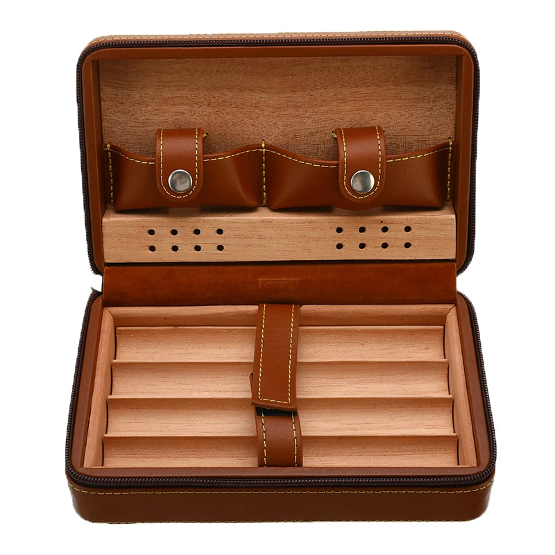 

Leather Cigar Case Holder Portable Travel Humidor Storage Box Cedar Wood Cigar Humidor Humidifier Without Lighter Accessories