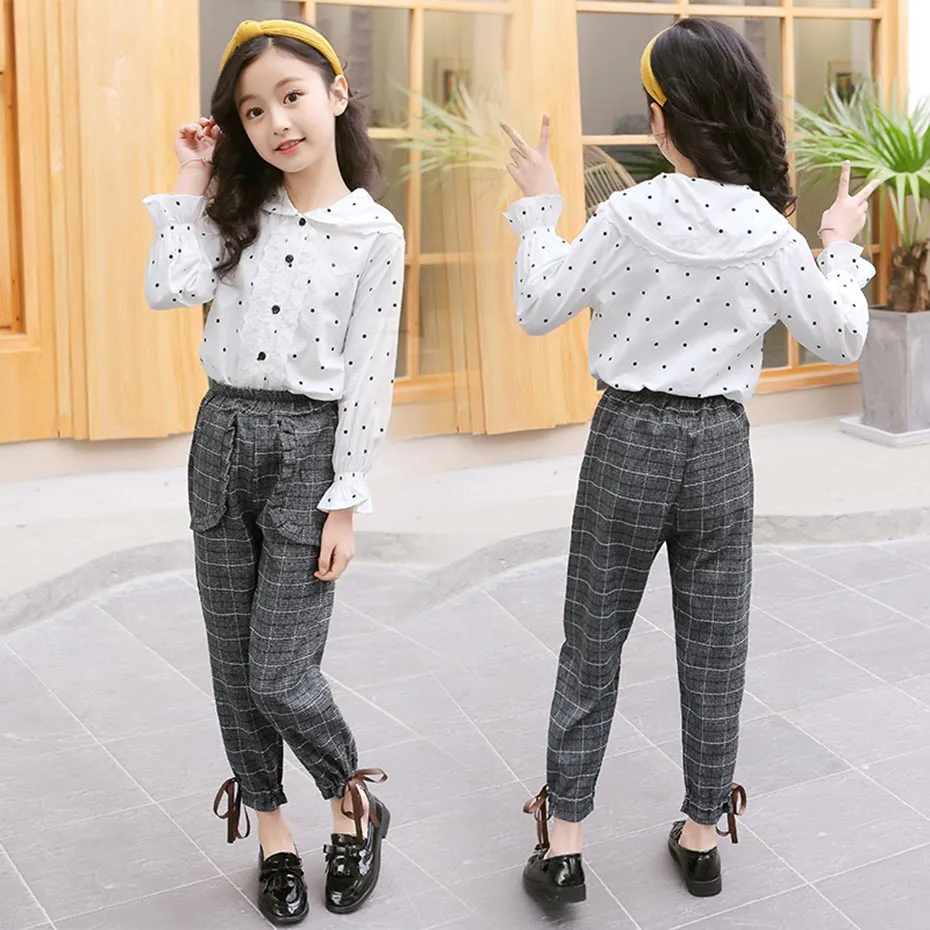 Children School Clothes Dot Pattern Costume For Girls White Blouse + Jumpsuit 2PCS Tracksuit Girl Plaid Kids Clothing |