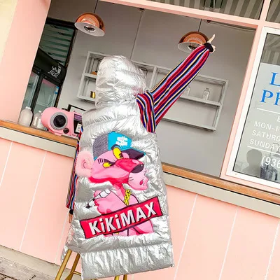 Осенне-зимние жилеты с капюшоном и принтом из мультфильма, женские длинные парки без рукавов с бусинами - Цвет: Silver