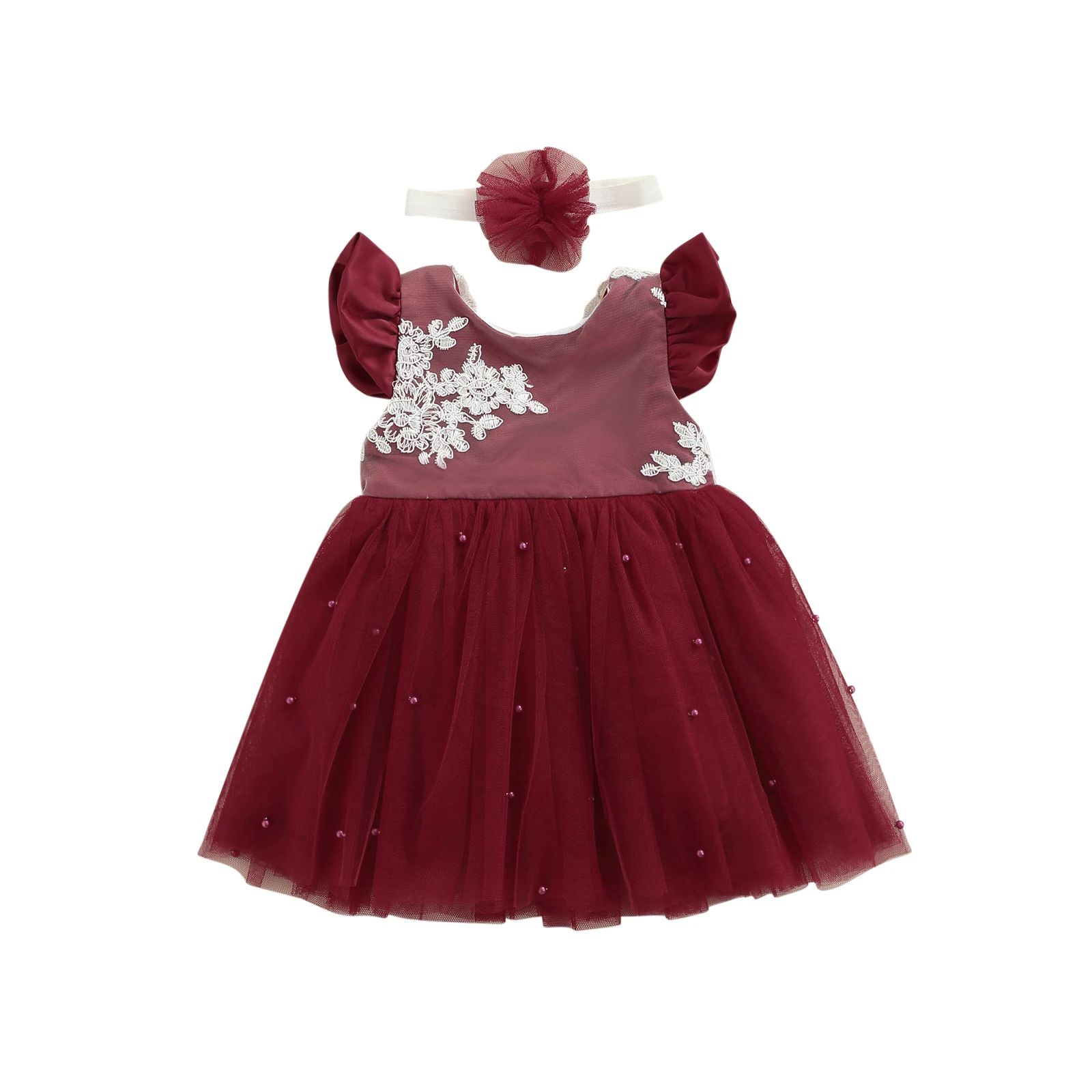 

Baby Girl Party Dress, Short Sleeve Round Neck Floral A-Lined High Waist Loose Lace Pearls Midi