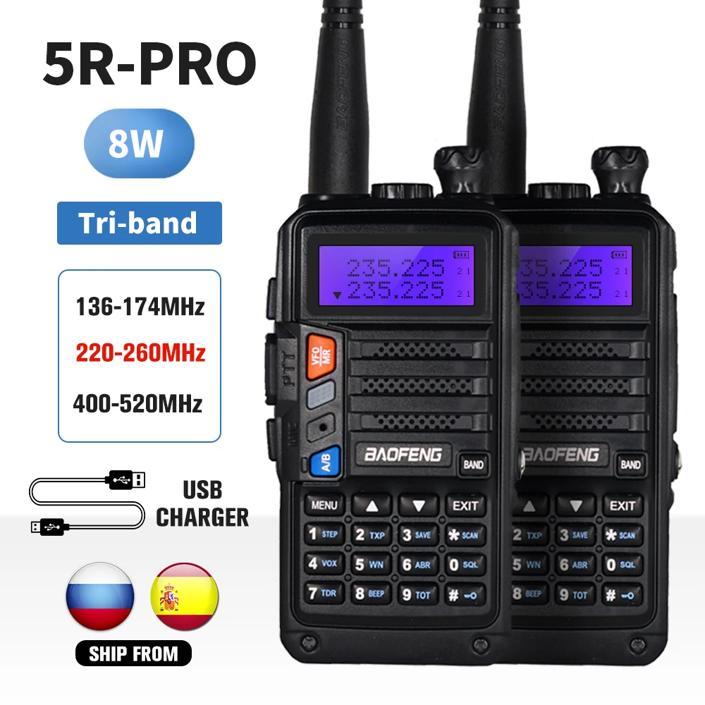 

2PCS Tri-Band Baofeng UV-5R Pro Walkie Talkie 8W High Power Two Way Radio Portable CB Ham Radio HF FM Transceiver Upgrade UV 5R