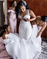 2020 african floral lace mermaid wedding dress plus size appliques spaghetti straps sleeveless bridal gowns
