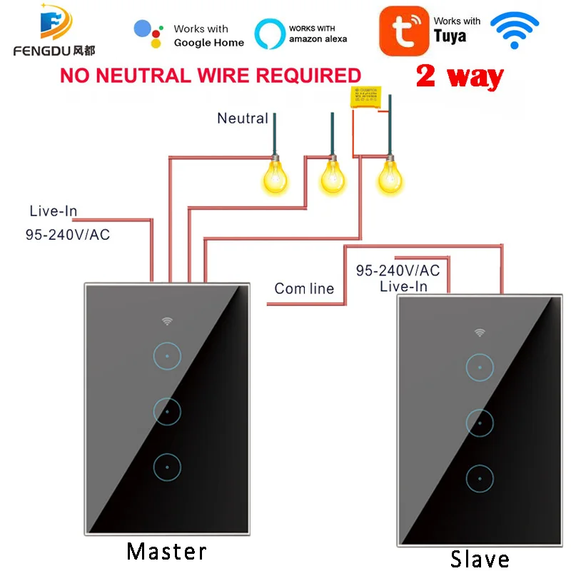

Tuya WiFi Wall Light Touch Switch No Neutral Wire US AU 2 Way 1gang 2gang 3gang Smart Remote Control Switch Alexa Google Home