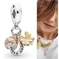 925 sterling silver charm rose golden ladybug and clover pendant fit pandora women bracelet necklace diy jewelry