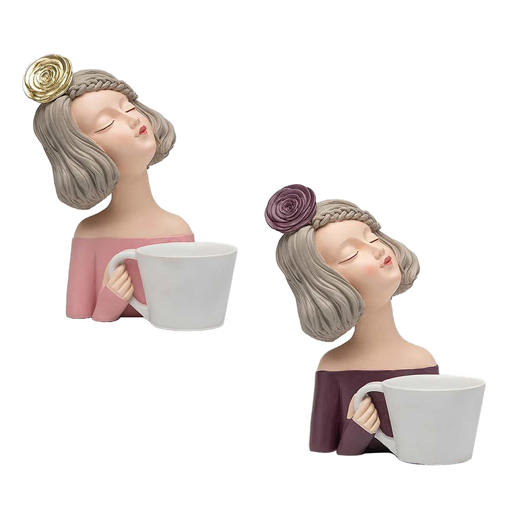 

Resin Girl with Cup Figurines Interior Home Living Room Nordic Modern Desktop Sculpture Crafts Storage Statue Decoration Gift