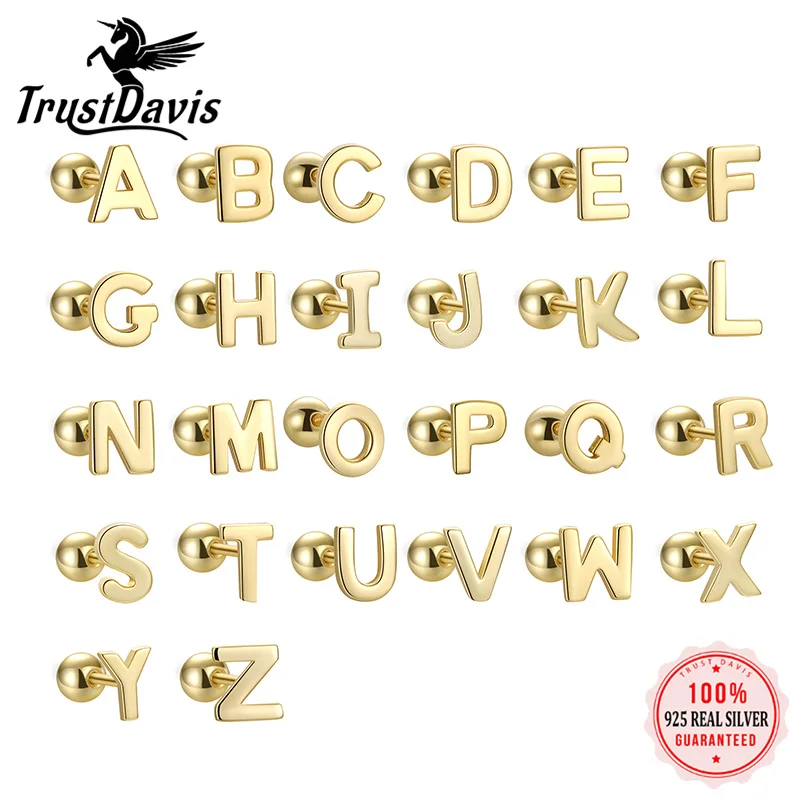 

Trustdavis Real 925 Sterling Silver Stud Earrings 26 Letter CZ Screw Beads For Women Children Baby Minimalist Jewelry DA2558