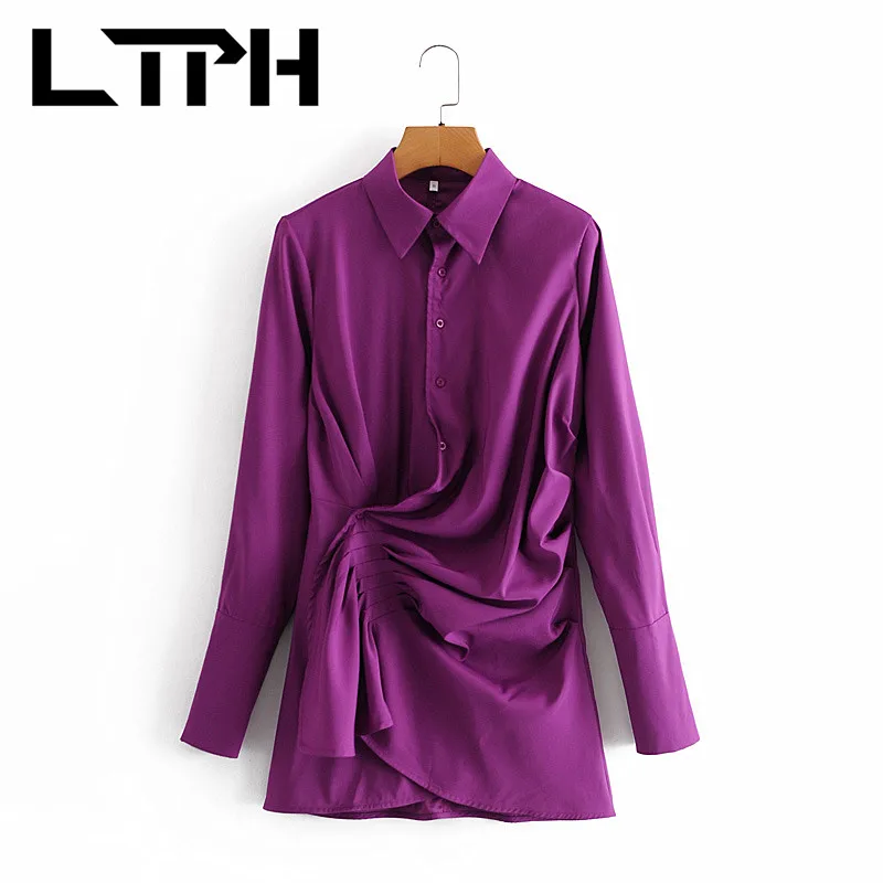 

LTPH French elegant Wrapped irregular single breasted shirt dress women Satin long sleeve vintage dresses 2021 Spring Autumn New