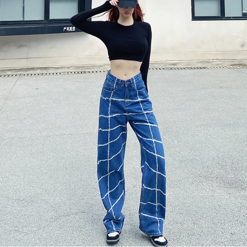 

Fall 2021 Korean Printed Plaid High Waist Wide Leg Jeans Women Fashion Streetwear Boyfriend Straight Denim Pants Female Trousers
