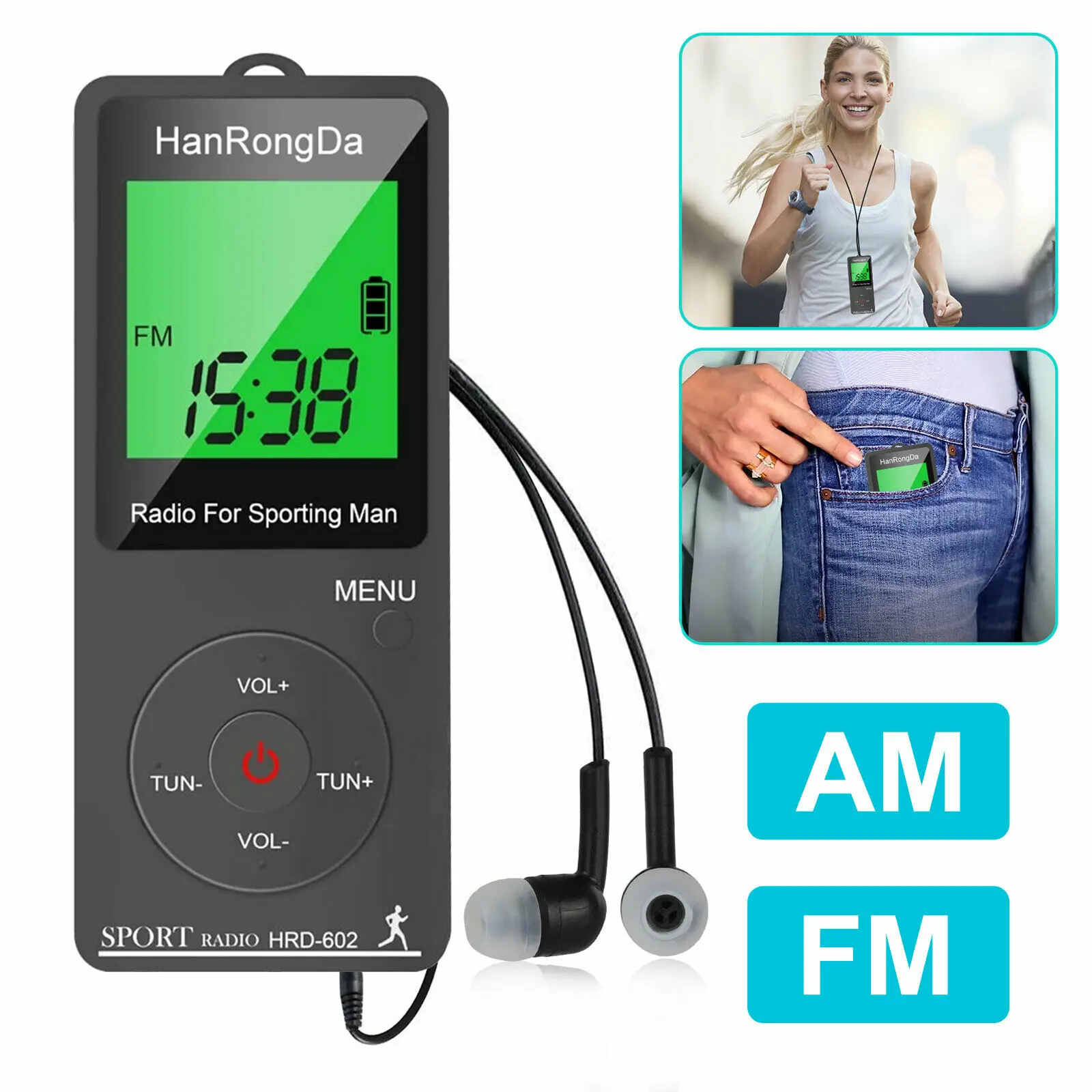 

FM AM Portable Radio Receiver Sports Radio LCD Display Lock Button Rechargeable Mini Pocket Radio with Earphone Sports Pedometer
