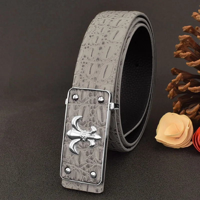 High Quality Grey Belt Men's Personality Buckle Leather Smooth Youth Buckle Crocodile Pattern Belt Casual Belt
