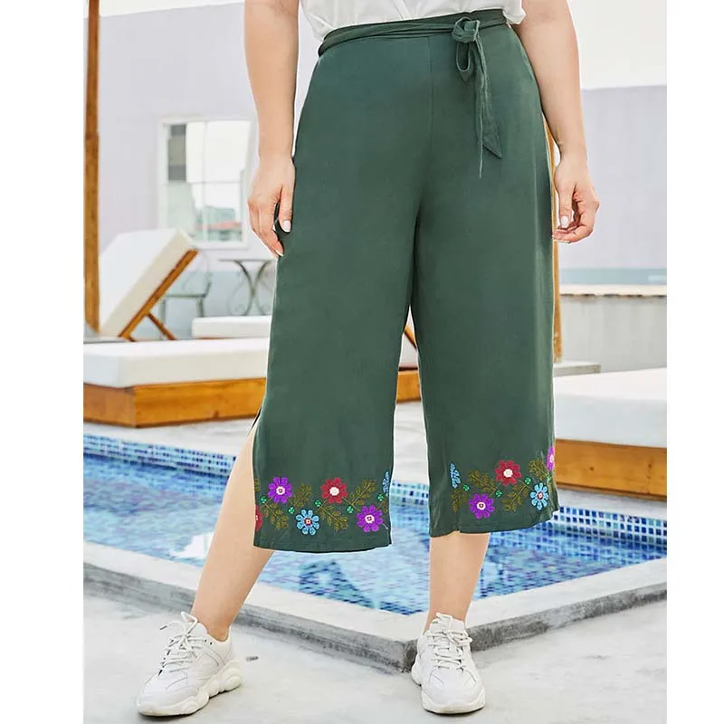 Брюки WHZHM женские с широкими штанинами зеленые свободные повседневные поясом