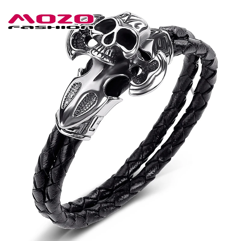 

2020 Men Jewelry Black Genuine Leather Bracelet Stainless Steel Punk Skull Charm Hot Demon Women Bangles
