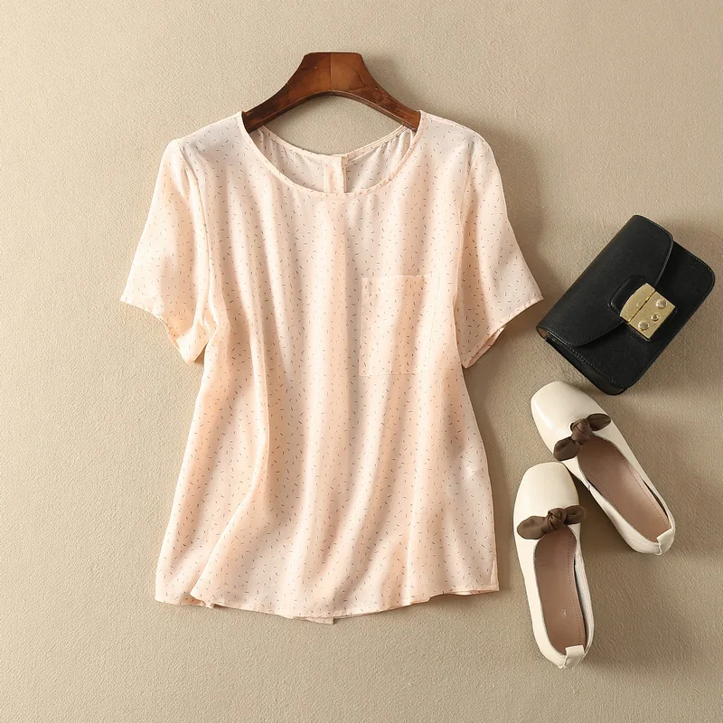 Шелк 100% Для женщин розовые с принтом круглым вырезом короткий рукав Топ