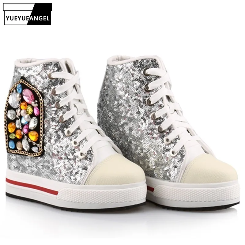 Женские туфли-лодочки с блестками на толстой платформе 12 см высоким верхом