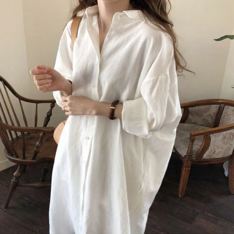 2020 корейский стиль весна осень Женское Платье рубашка с отложным воротником