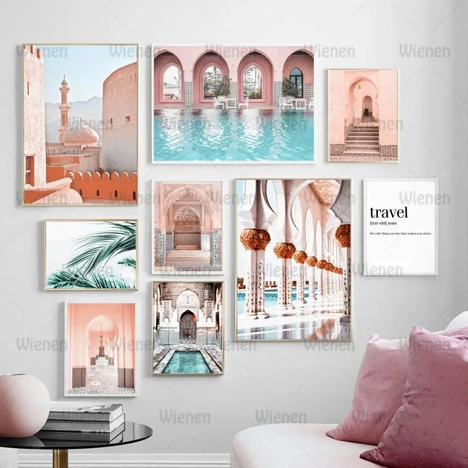 

Mosque Corridor Wall Art Canvas Painting Nordic Morocco Door Travel Quote Posters and Prints Wall Pictures for Living Room Decor